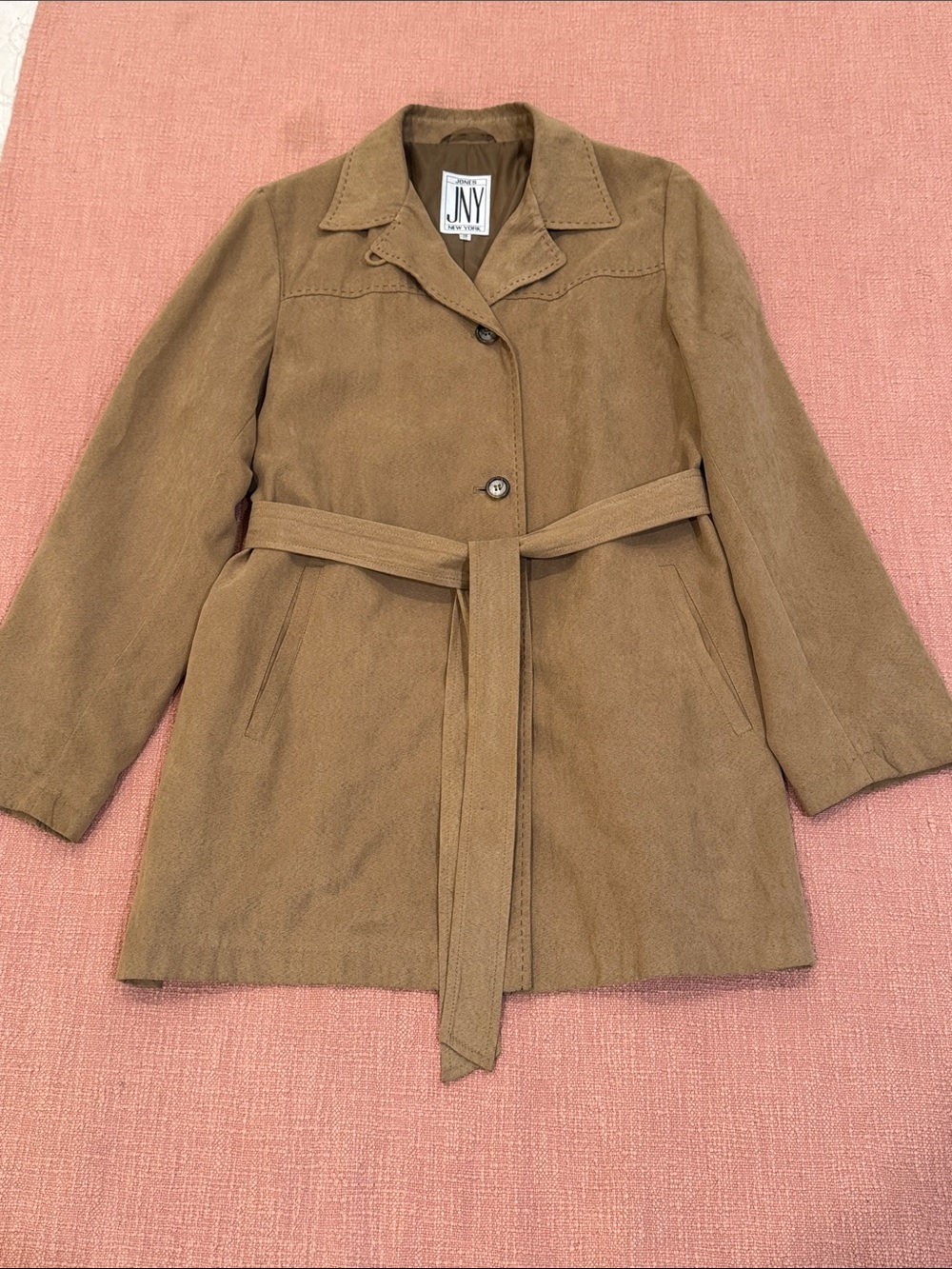 Vintage microsuede Tan / camel Belted light Trench Coat with stitchlines